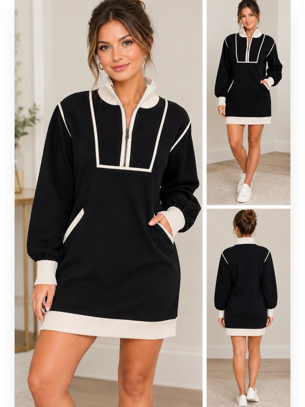 entro Black Sweater with Cream Trim Half-Zip Cowl